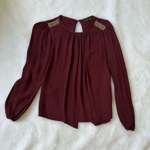Zara Wine blouse with jeweled shoulder detail